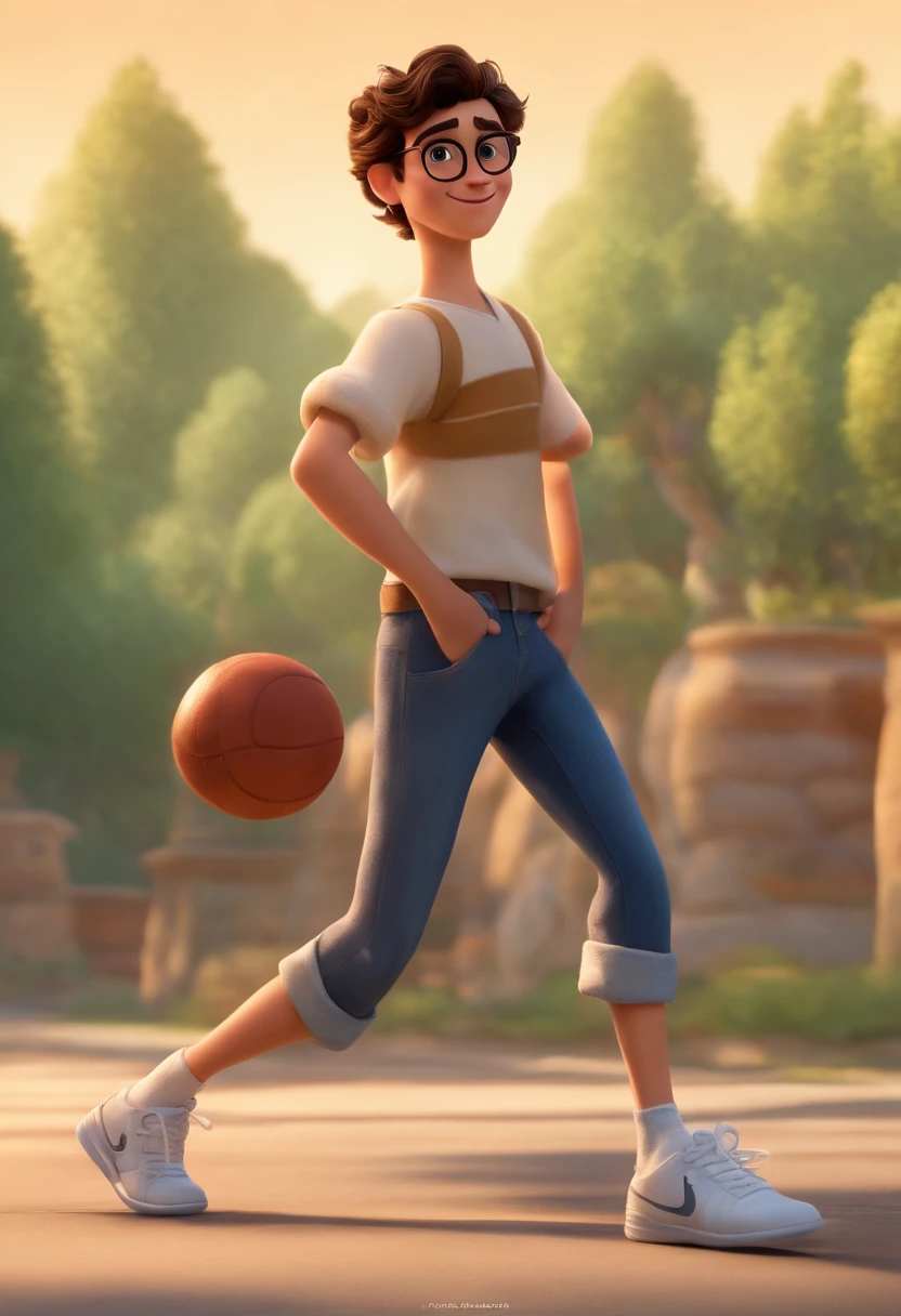 Image of a boy for a story in a movie in Pixar format, he's the age Luan, He wears a pair of glasses with black aste and square lens, He's a bit of an extrovert, frisky, levanta-se para um monte de coisas, His clothing style is the classic black polo shirt and jeans and sneakers, his skin is brown, his hair brown and his smile has graves, ele usa aparelho. The name of the film is Luan written in the style of the film Luca is written Disney Pixar just like all the films made by them on top of the name of the film