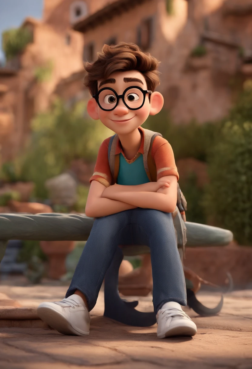 Image of a boy for a story in a movie in Pixar format, he's the age Luan, He wears a pair of glasses with black aste and square lens, He's a bit of an extrovert, frisky, levanta-se para um monte de coisas, His clothing style is the classic black polo shirt and jeans and sneakers, his skin is brown, his hair brown and his smile has graves, ele usa aparelho. The name of the film is Luan written in the style of the film Luca is written Disney Pixar just like all the films made by them on top of the name of the film