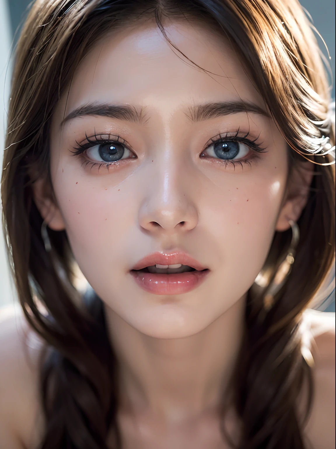 ((8K, top-quality, ​masterpiece, 超A high resolution, Photorealsitic:1.5)), 1girl in, age19, Look up at the viewer, Perfect dynamic composition, Highly detailed eye and face texture:1.3, Fair skin, (Beautiful blue eyes, Erotic eyes:1,5), (Face feeling ???????:1.5, Sexy face:1.5), A mouthfeel that feels beautiful eros:1.4, Facial expression when you feel that you are being caressed violently:1.4, Facial expressions when receiving pleasure:1.4, Expression drowning in pleasure:1.4, (foco nítido, Cinematic lighting), Show face only, (((Too erotic)))