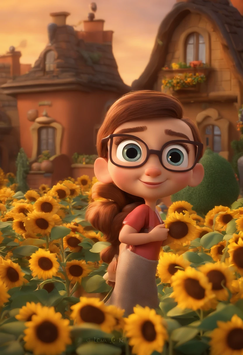 Create a Disney PIXAR-style 3D poster. ((centro da imagem, Triplets)), ((3 )) ((1 menino no meio e 2 meninas ao lado, They're hugging each other, O menino tem pele castanha e cabelos castanhos escuros e olhos castanhos escuros, 1 menina tem pele clara, olhos e cabelos escuros e cacheados, e a outra menina tem pele morena, olhos escuros e cabelos escuros e lisos)) ((tudo isso no estilo Disney PIXAR 3D, In the background, A house of sunflowers, Gloria Studio, The garden is full of nature 3D render RTX clay material, estilo de design cartunesco, POP Mart, soft lighting, linhas suaves, Spring tilt, Detailed illustrations of PIXAR 3D, Detalhes hiper-realistas, cor quente no estilo Disney PIXAR 3D))