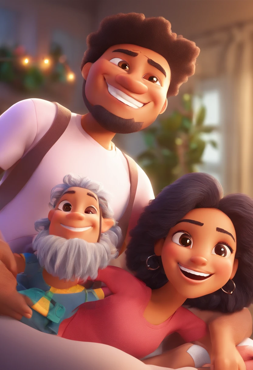 An illustration of an adorable couple, Spotlight on a smiling slim mulatto man and a brunette woman with beautiful expressive eyes pregnant - the man's skin is mulatto and the hair of the man with black dreadlocks the woman's skin is black and the woman's hair is straight and brown. They are a bright room, cada um com um sorriso no rosto, e compartilhar um momento especial caracterizado pelo amor, Insights. Illustrate this scene from a perspective where they are facing the camera, Smiling and Showing Your Connection. Desenvolva esta arte em Full HD, Focus on your cinematic touch, Estilo Disney Pixar Animations