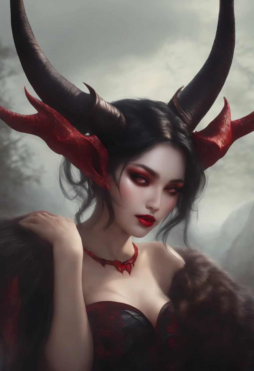 Realistic Beautyfull evil demonic sexy demented devil women,beautiful seductive facial expression,gorgeous facial features, highly detailed red skin, large curled devil horns, think curved jet black eyebrows, long luscious eyelashes, thick black eyeliner, jet black eye shadow, thick jet black lipstick,large hyper realistic detailed red eye, thin detailed little nose, high cheek bones, Cleft chin, small areolas, small perky darkred nipples, large voluptuous curved breasts, elegant figure, seductive hips, demonic devil outfit, large detailed demon wings,