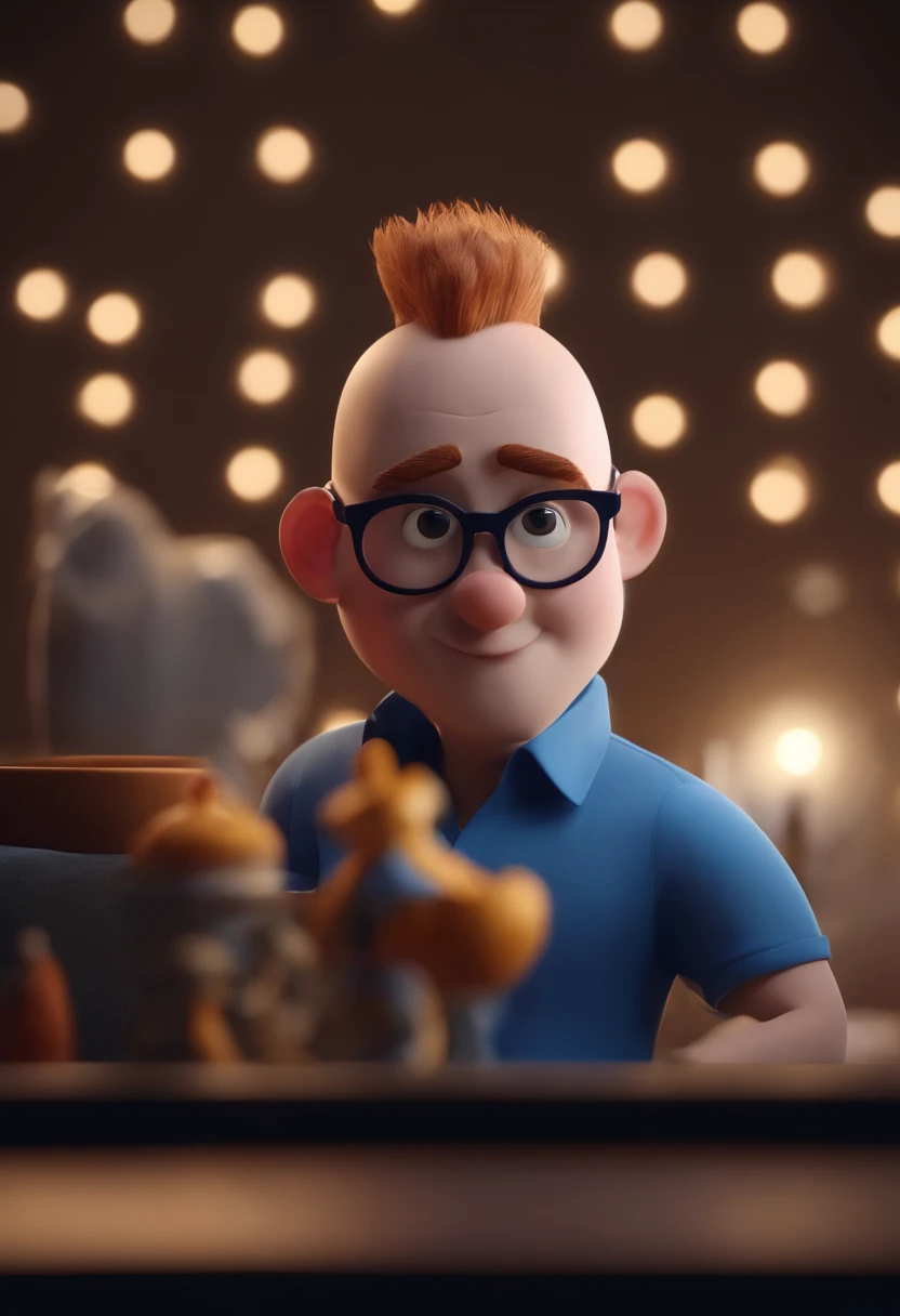 Cartoon character of a man wearing black glasses and a blue shirt, um personagem animado, Caractere estilizado, animation style rendering, 3D estilizado, Arnold Maya render, 3 d render stylized, toon render keyshot, Personagem 3D, Personagem 3D, 3d rendering stylized, 3 d character render, personagem de desenho animado, Personagem de close up, Pose de personagem, (Estilo Pixar) (master part:1.2) (Bokeh) (best quality) (pele detalhada) (textura detalhada) (8k) (argila) (Cinematic lighting) (foco nítido，Senta e vaza a parte superior do corpo