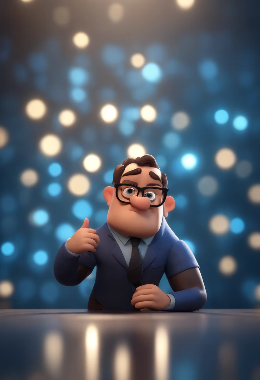 Cartoon character of a man wearing black glasses and a blue shirt, um personagem animado, Caractere estilizado, animation style rendering, 3D estilizado, Arnold Maya render, 3 d render stylized, toon render keyshot, Personagem 3D, Personagem 3D, 3d rendering stylized, 3 d character render, personagem de desenho animado, Personagem de close up, Pose de personagem, (Estilo Pixar) (master part:1.2) (Bokeh) (best quality) (pele detalhada) (textura detalhada) (8k) (argila) (Cinematic lighting) (foco nítido,Senta e vaza a parte superior do corpo
