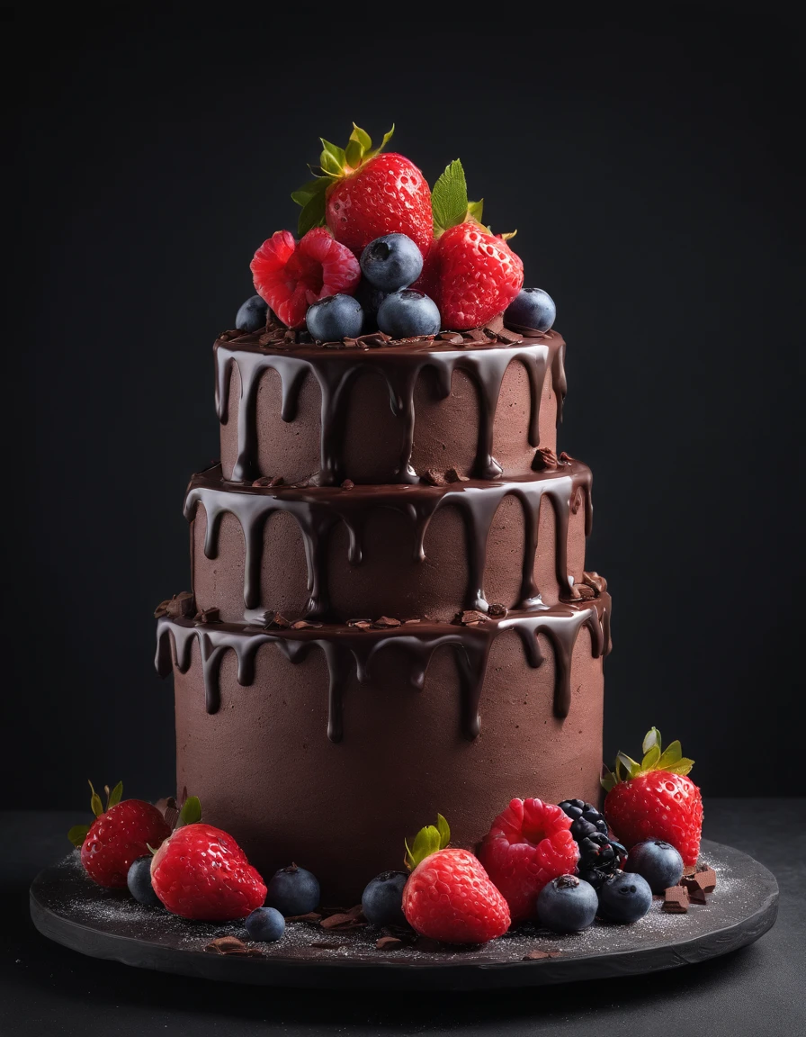 Chessie cake art with berries and chocolate falling on a black background sprinkled with cocoa powder, Trending on ArtStation, Sharp Focus, Dynamic Studio Photography Lighting, Realistic Food Pictures, Trending Food Photos, dynamic compositions, Intricate details of dynamic angles, Highly detailed, By Greg Rutkowski