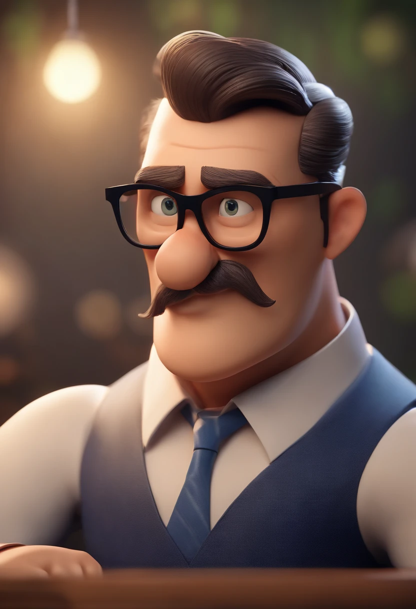 Cartoon character of a man wearing black glasses and a blue shirt, um personagem animado, Caractere estilizado, animation style rendering, 3D estilizado, Arnold Maya render, 3 d render stylized, toon render keyshot, Personagem 3D, Personagem 3D, 3d rendering stylized, 3 d character render, personagem de desenho animado, Personagem de close up, Pose de personagem, (Estilo Pixar) (master part:1.2) (Bokeh) (best quality) (pele detalhada) (textura detalhada) (8k) (argila) (Cinematic lighting) (foco nítido,Senta e vaza a parte superior do corpo