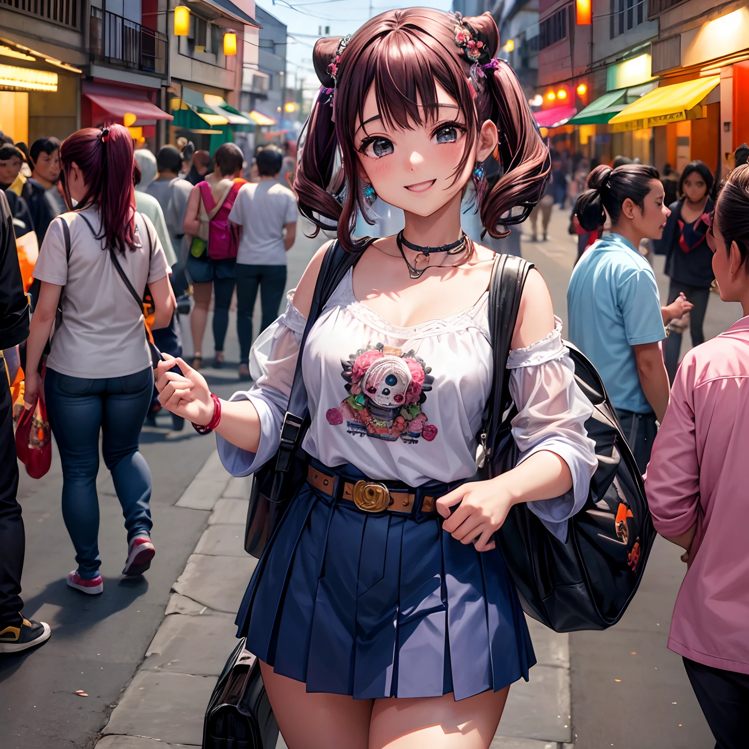 Anime style menina japonesa sorrindo em vilarejo do mexico com mochila chegando para festa de dia de los muertos com o rosto pintado como caveira, We see Mariate musicians playing in the streets packed with people with Dia de los Muertos decorations