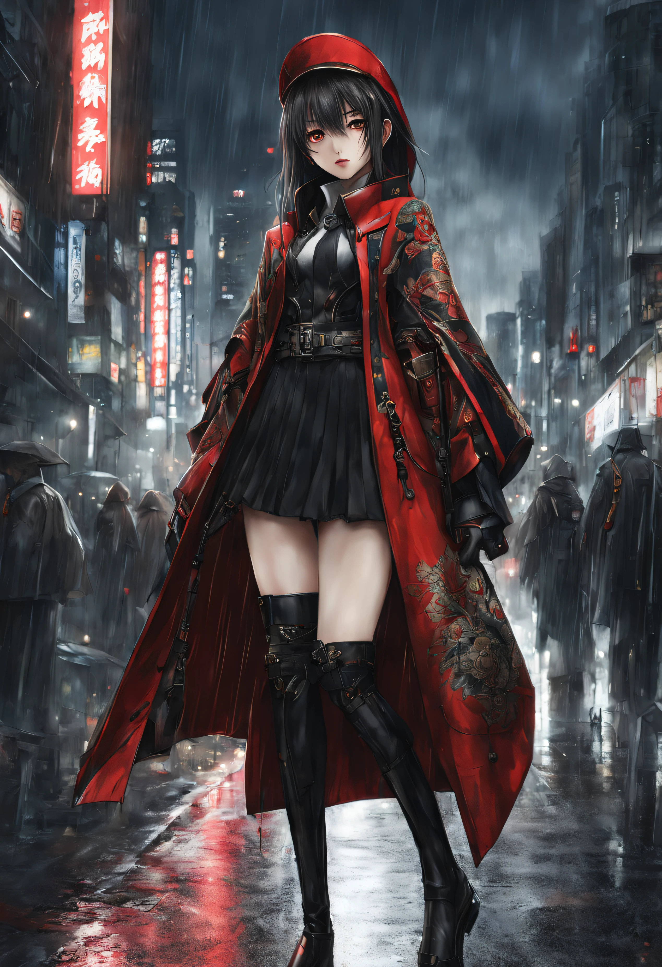 1 Japanese girl, battle armor, Intricate pattern, heavy metal, Energy lines, Faceless, Glowing eyes, elegant, Intense, blood red and black uniform, Solo, modern, City, Streets, Dark clouds, thunderstorm, heavy rain,, Dramatic lighting,, (Masterpiece:1.2), Best quality, high resolution,   Beautiful detailed, Extremely detailed, Perfect lighting,