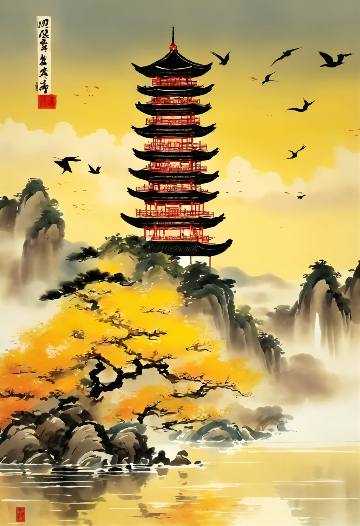 Yellow crane tower ,Dongting Lake,In the distance, The water and sky are colorful,Tradition Chinese Ink Painting,wide high angle view,Beautiful poster,Qi Baishi