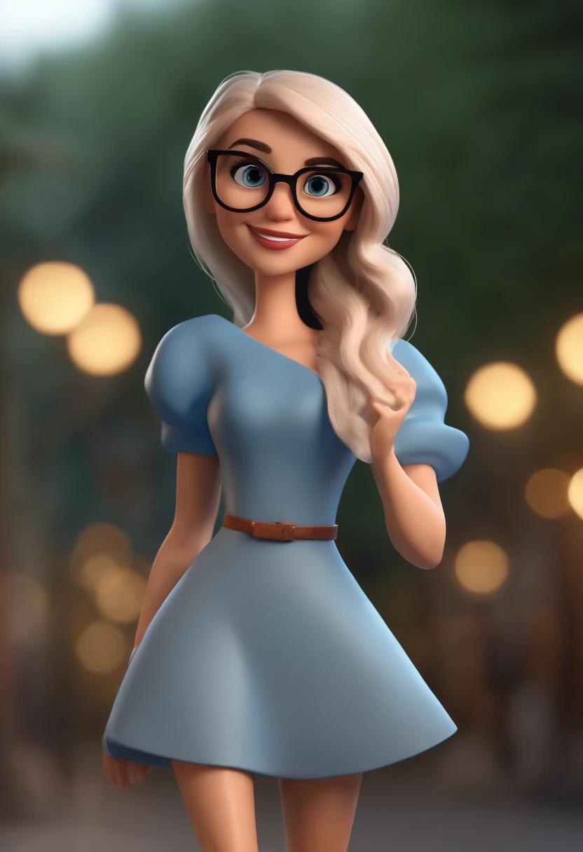 Cartoon character of a woman with black glasses and a blue dress, animation character, Caractere estilizado, animation style rendering, 3D estilizado, Personagem 3D, Personagem 3D, 3d rendering stylized, 3 d character render, personagem de desenho animado, Personagem de close up, Pose de personagem, (Estilo Pixar) (master part:1.2) (Bokeh) (best quality) (pele detalhada) (textura detalhada) (8k) (argila) (Cinematic lighting) (foco nítido