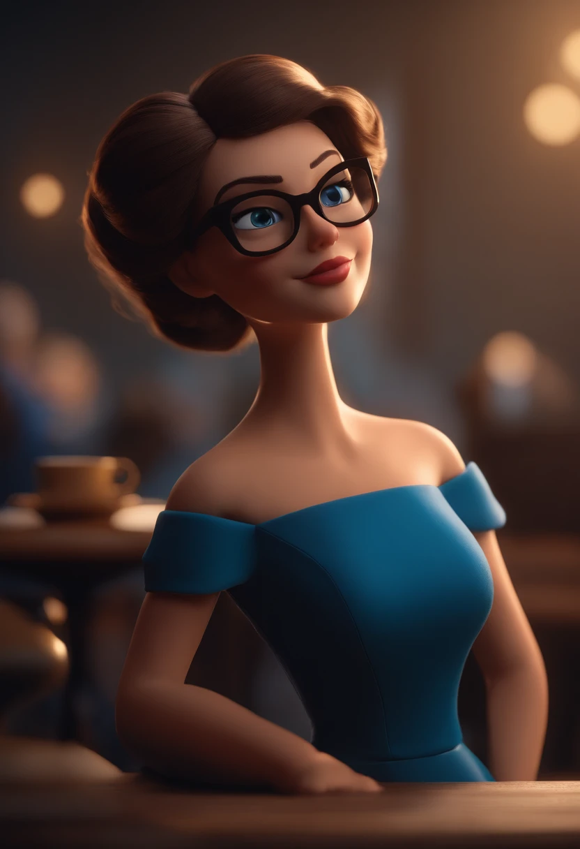 Cartoon character of a woman with black glasses and a blue dress, animation character, Caractere estilizado, animation style rendering, 3D estilizado, Personagem 3D, Personagem 3D, 3d rendering stylized, 3 d character render, personagem de desenho animado, Personagem de close up, Pose de personagem, (Estilo Pixar) (master part:1.2) (Bokeh) (best quality) (pele detalhada) (textura detalhada) (8k) (argila) (Cinematic lighting) (foco nítido