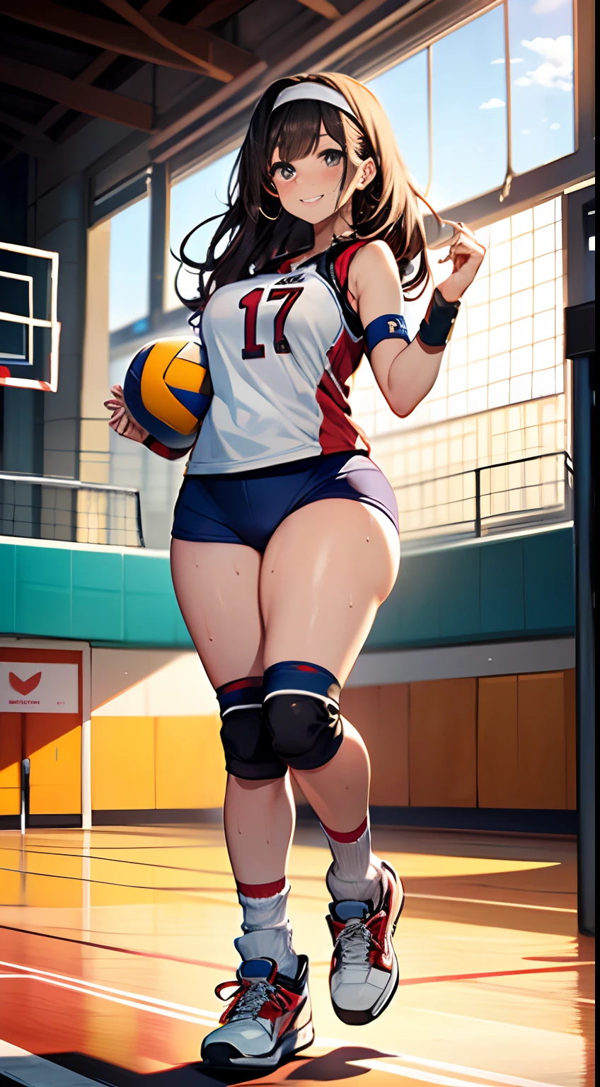 UHD, anatomically correct, 8k, (((masterpiece))), (((best quality))), (((ultra detailed))), (((high-resolution))), ((super fine illustration)), ((Ultimate cutie)), detailed beautiful face, solo, one girl, 17 years old, (potbelly), (curvy), medium breasts, ((Thick thighs)), shiny hair, smile, (blush), BREAK, (((buruma))), (sleeveless volleyball uniform), headband, ((wrist bands)), ((kneepads)), (((loose socks))), (((leg warmers))), ((high top sneakers)), BREAK, ((Embrace the Beautiful spherical shape 6-inch volleyball with both hands)), ((hold the Beautiful spherical shape 6-inch volleyball with both hands)), stylish pose, ((sweat)), (perspired), (heavy breathing), sense of depth, in gymnasium, lighting, looking at viewers,full body
