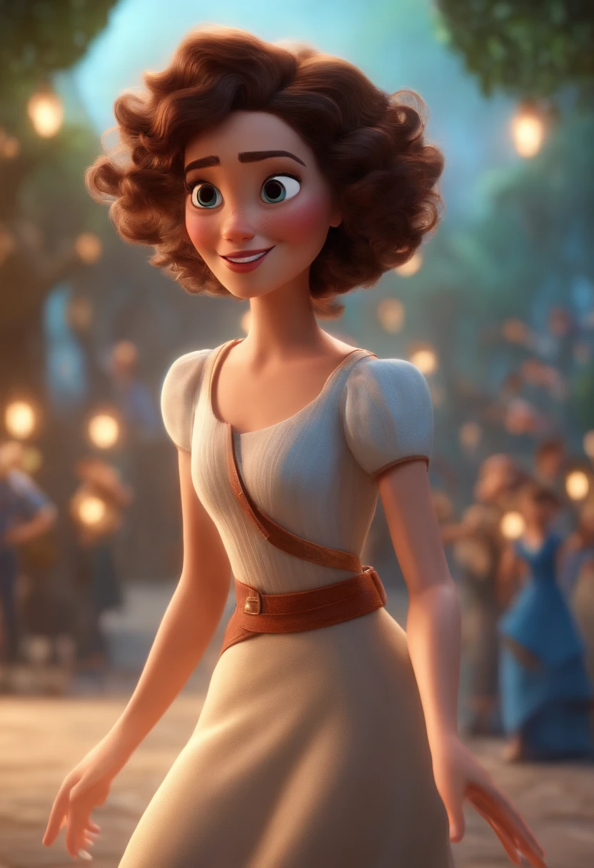 Pixar style image with 3D character white glasses brunette woman short curly hair dancing, Maquiagem Disney,Pescador, bonitinho, sorridente ,Close-up, Pixar, Disney, Cinema lighting,