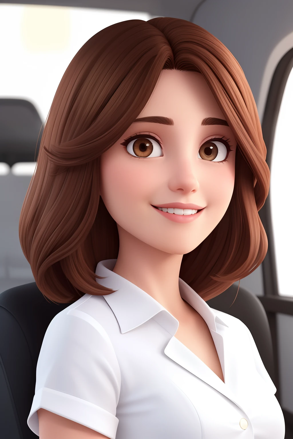Uma mulher de 25 anos, brown hair long bob, Rosto redondo, rosto redondo com sorriso encantador, e olhos castanhos. Executive lawer.