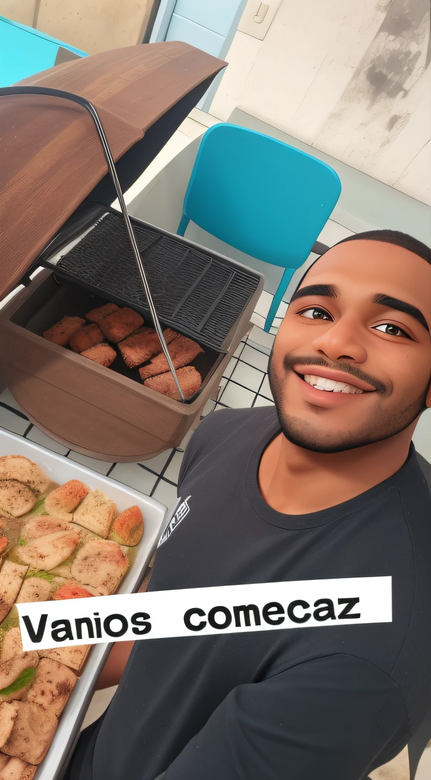 Um homem negro barba pequena fazendo churrasco