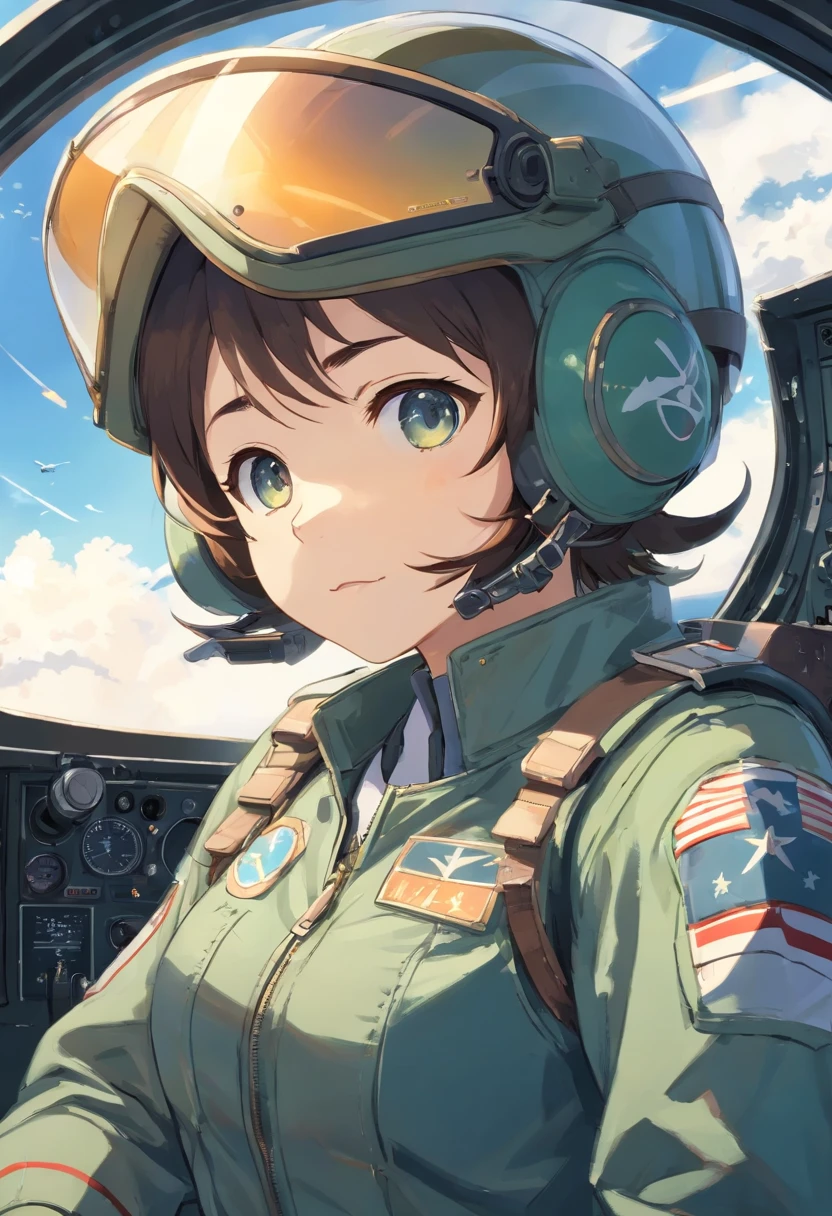 Pilot in the cockpit of an airplane wearing helmet and goggles, fighter pilot in the cockpit, In the cockpit of a fighter jet, vista do capacete, Visor Wearer's Perspective, Nariz sob viseira, Jet fighter pilots of the 70s, no cockpit, Uniforme de Piloto Militar, advanced technology flight suit、Angel approaching from behind from right、Anjo fora da janela