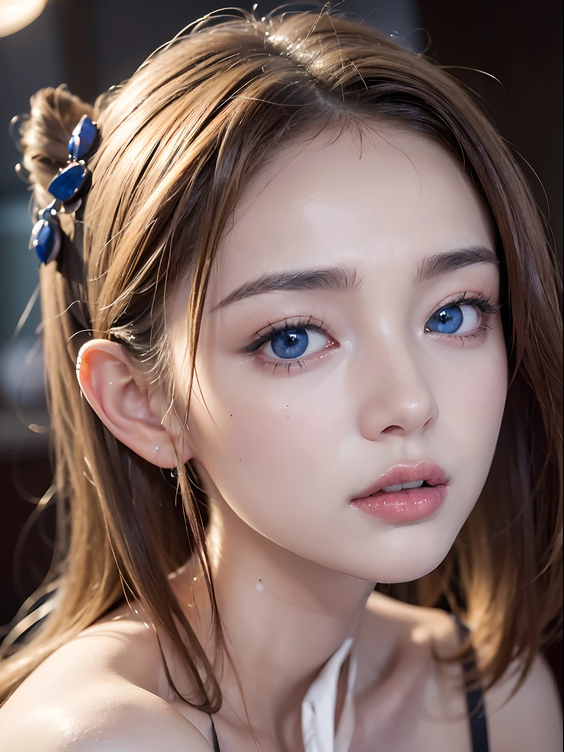 A close up of a woman with blue eyes and a hair clip - SeaArt AI
