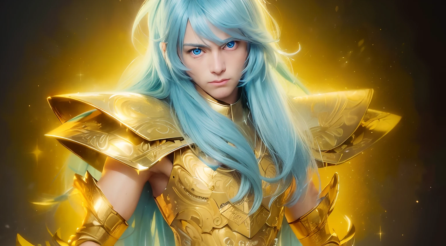 (masterpiece), (realistic) , close up portrait of a man, (male), 35 years old, Swedish, (1boy), solo, serious, looking at viewer, pretty handsome man, ((pretty big blue eyes), wearing an medieval armor, (full body armor), (golden armor), chrome gold, (detailed armor), (ornate armor), long straight light blue hair, (hair blowing in wind), (hair bangs), upper body, cosmic golden rain background, cinematic lighting, ((beardless)) ((perfect big blue eyes)). Androgynous face.