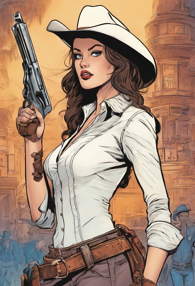 Action scene in a Western movie, Alissa White-Gluz com cabelo azul, vestido com um casaco branco de trincheira, blouse and cowboy hat enters a hall with drawing pistols ((apontou para o espectador)). corpo inteiro