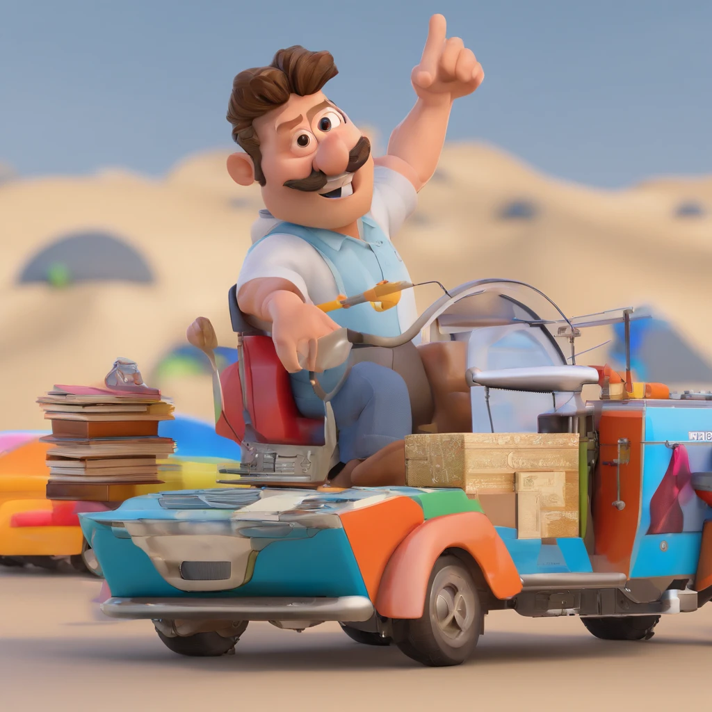 Criar um personagem no estilo Pixar. Trata-se de um homem de 30 anos, com barba, Branco, com cabelos castanhos curtos e um quiff, e olhos castanhos. Ele deve estar na frente de um computador, Trabalhar como designer