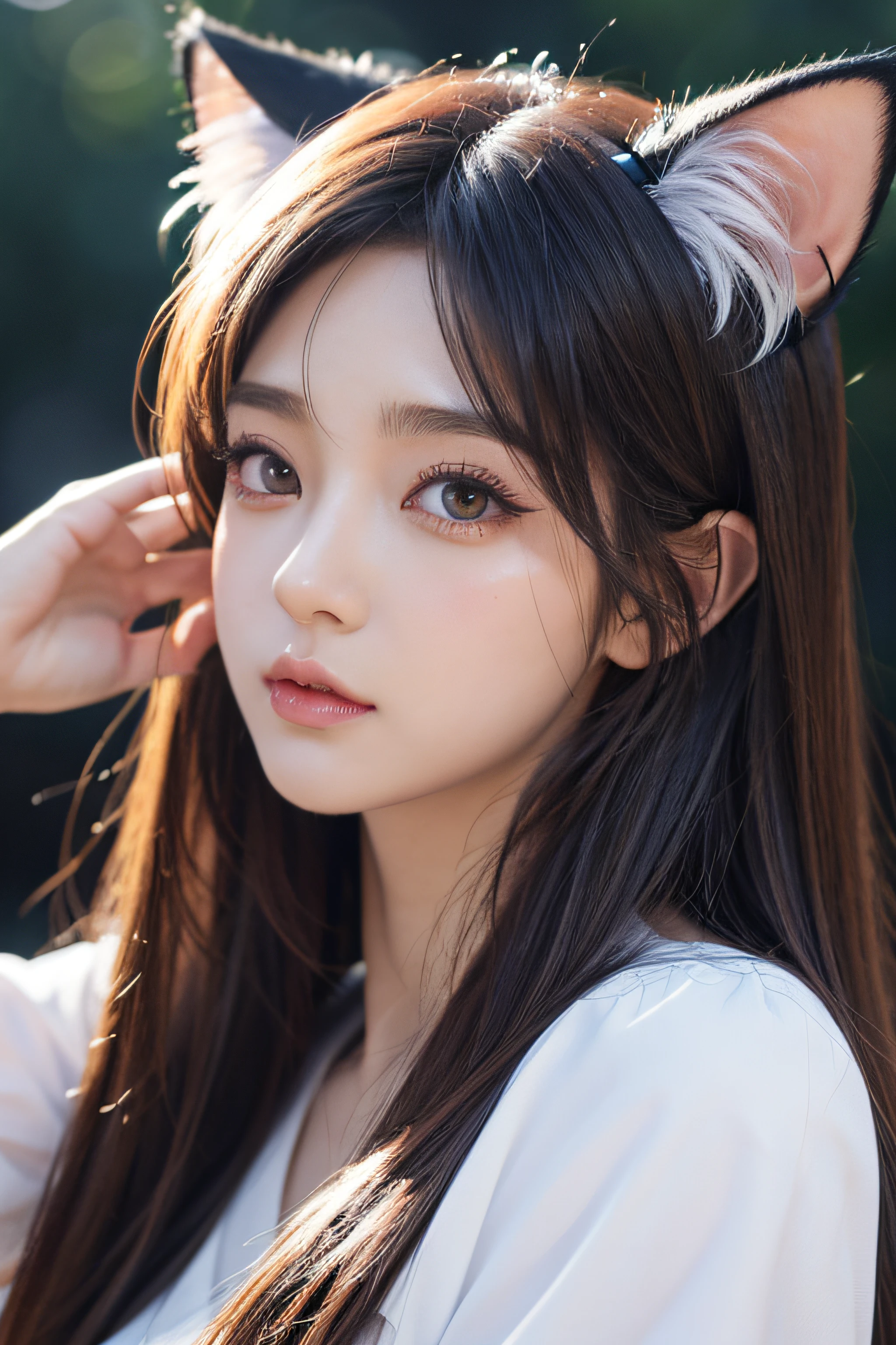 Anime characters with two-dimensional big eyes, cat ears, and long eyelashes,The background is dreamy color
