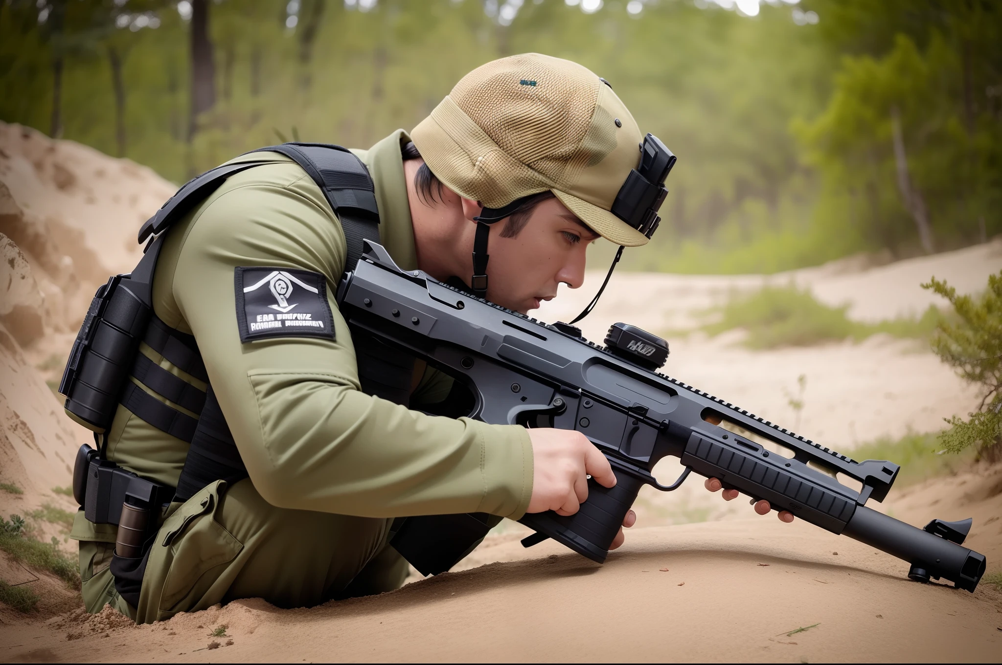 Homem de camuflagem agachado com um fuzil, Airsoft CQB, airsoft close quarter combat, fotografia de combate, high quality action photography, fotografia militar, action photography, Roupas de Soldado do Futuro, Segurando PDW, um soldado apontando uma arma, wearing tactical gear, foto de retrato, action shot, tactical gear, Foto de perfil, Action Photo, Pistola de airsoft, airsoft electric pistol