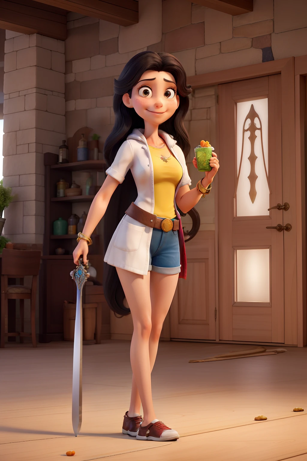 Obra-prima, de melhor qualidade, pixar Woman, 33 years old, nutritionist, long straight black hair, standing, graceful, superhuman power, skill in professional combat and energy, intent look, beautiful, divine emissary, next to her are a few more women who have lost weight and are grateful because they learned from the nutritionist confidence, self-love, beauty, As this nutritionist shares her knowledge, she inspires others to adopt healthy habits, witnessing positive changes in their lives, receiving respect for the transformed lives, becoming their ally.
Outfit with an open white coat like a cape, and clothes underneath like the heroine of feminine pink and confident blue, yellow and white.
Nutritional weapons, lasso of truth, sword of wisdom, bracelet of discipline, resides mystical sacred place where she creates her healthy foods, creating a deep connection with God.