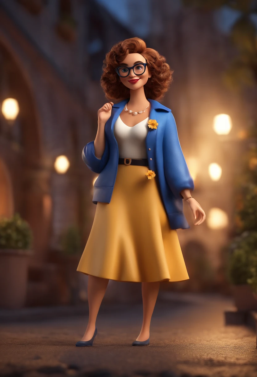 Cartoon character of a woman with black glasses and a blue dress with small flowers, curly medium brown hair, oversize, animation character, Caractere estilizado, animation style rendering, 3D estilizado, Arnold Maya render, 3 d render stylized, toon render keyshot, Personagem 3D, Personagem 3D, 3d rendering stylized, 3 d character render, personagem de desenho animado, Personagem de close up, Pose de personagem,  (Estilo Pixar) (master part:1.2) (Bokeh) (best quality) (pele detalhada) (textura detalhada) (8k) (argila) (Cinematic lighting) (foco nítido
