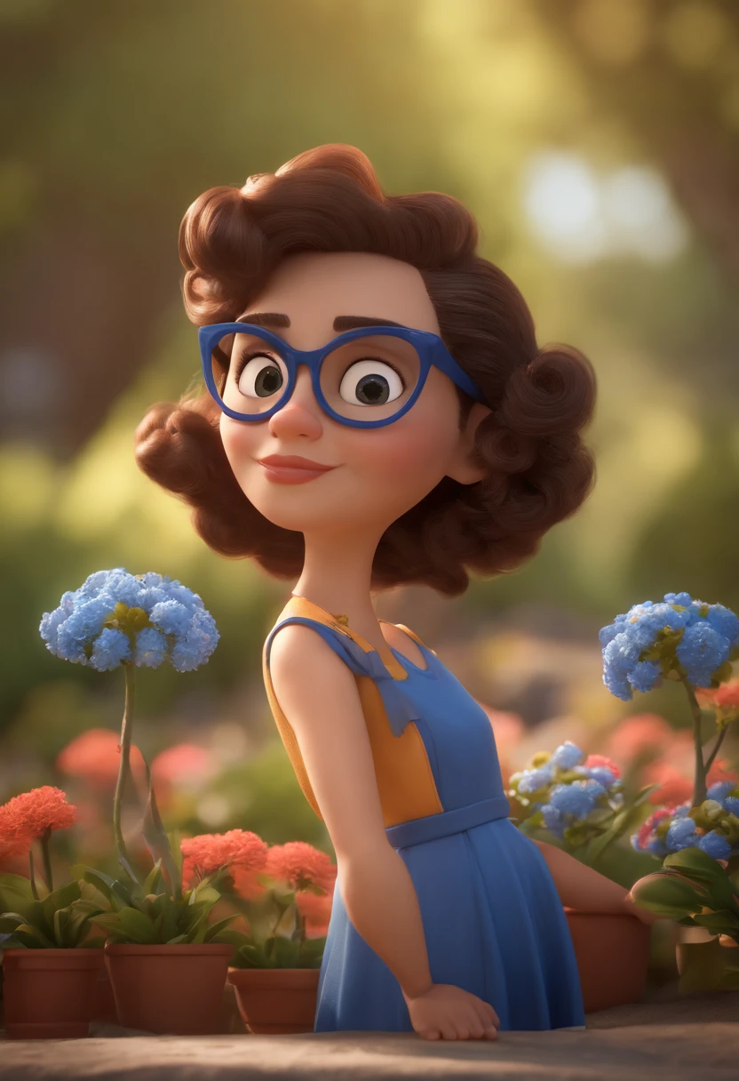Cartoon character of a woman with black glasses and a blue dress with small flowers, curly medium brown hair, oversize, animation character, Caractere estilizado, animation style rendering, 3D estilizado, Arnold Maya render, 3 d render stylized, toon render keyshot, Personagem 3D, Personagem 3D, 3d rendering stylized, 3 d character render, personagem de desenho animado, Personagem de close up, Pose de personagem, (Estilo Pixar) (master part:1.2) (Bokeh) (best quality) (pele detalhada) (textura detalhada) (8k) (argila) (Cinematic lighting) (foco nítido