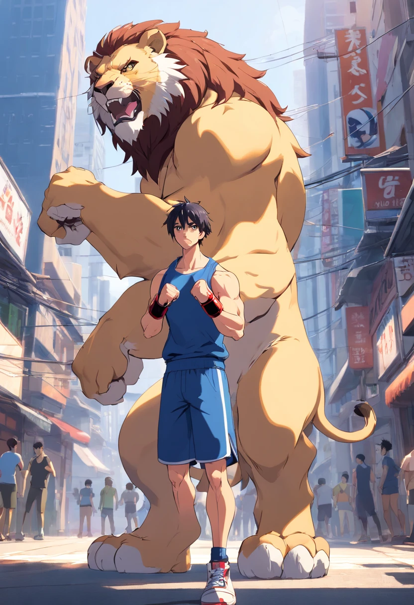 ((foto crua)), ((obra-prima)), Anthropomorphic humanoid lion bodybuilder wearing ((roupas street wear masculino)), andando entre as pessoas, detalhe intrincado, intricate Greebles pieces, 12k, city behind, muscular arms, rabo, small head, giant trapezoid, Ogro monstruoso, Titan, soft-lighting, ((boxing pose))