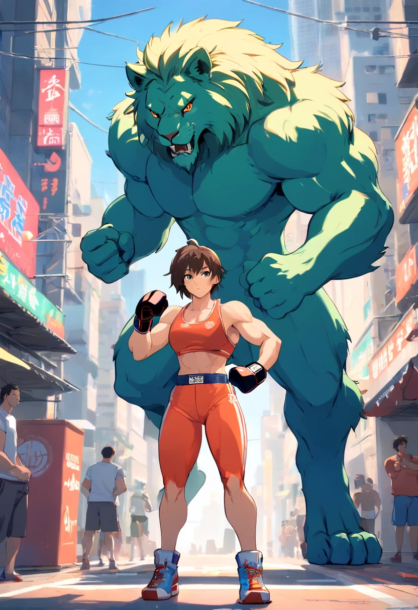 ((foto crua)), ((obra-prima)), Anthropomorphic humanoid lion bodybuilder wearing ((roupas street wear masculino)), andando entre as pessoas, detalhe intrincado, intricate Greebles pieces, 12k, city behind, muscular arms, rabo, small head, giant trapezoid, Ogro monstruoso, Titan, soft-lighting, ((boxing pose))