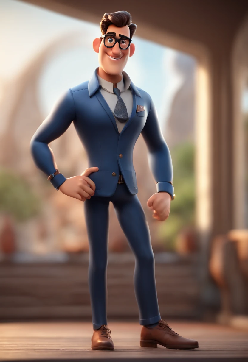 Cartoon character of a man with black glasses, careca, e uma camisa azul, animation character, Caractere estilizado, animation style rendering, 3D estilizado, Arnold Maya render, 3 d render stylized, toon render keyshot, Personagem 3D, Personagem 3D, 3d rendering stylized, 3 d character render, personagem de desenho animado, Personagem de close up, Pose de personagem,  (Estilo Pixar) (master part:1.2) (Bokeh) (best quality) (pele detalhada) (textura detalhada) (8k) (argila) (Cinematic lighting) (foco nítido