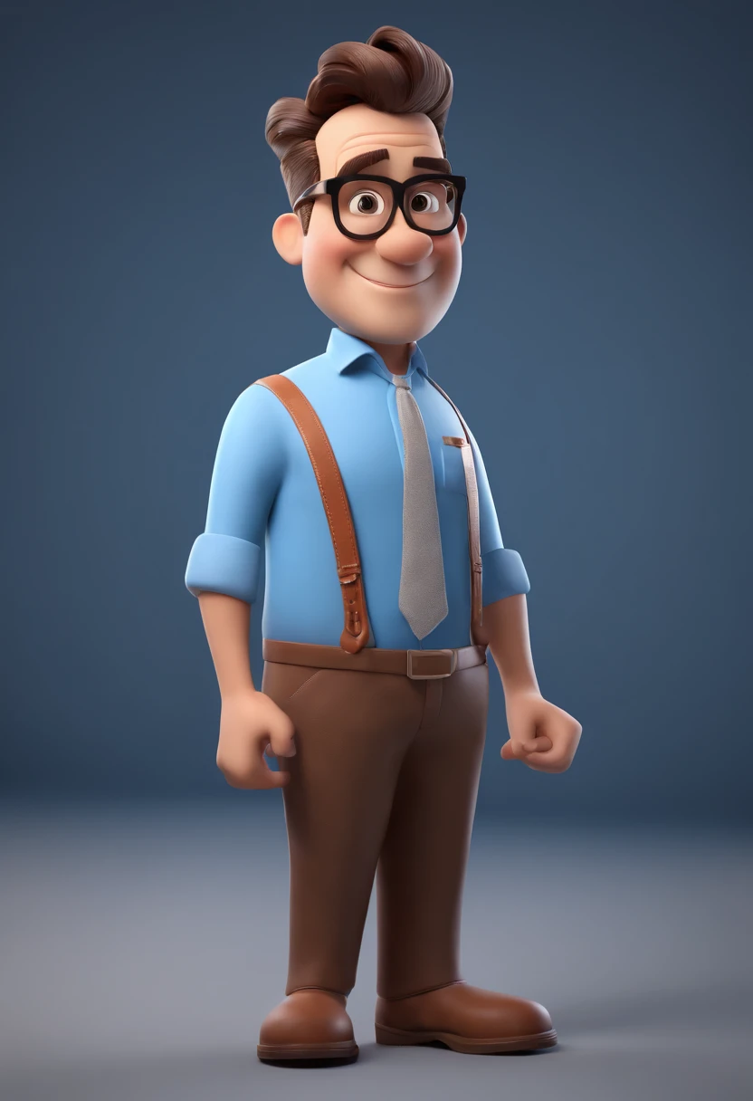 Cartoon character of a man with black glasses, careca, e uma camisa azul, animation character, Caractere estilizado, animation style rendering, 3D estilizado, Arnold Maya render, 3 d render stylized, toon render keyshot, Personagem 3D, Personagem 3D, 3d rendering stylized, 3 d character render, personagem de desenho animado, Personagem de close up, Pose de personagem, (Estilo Pixar) (master part:1.2) (Bokeh) (best quality) (pele detalhada) (textura detalhada) (8k) (argila) (Cinematic lighting) (foco nítido