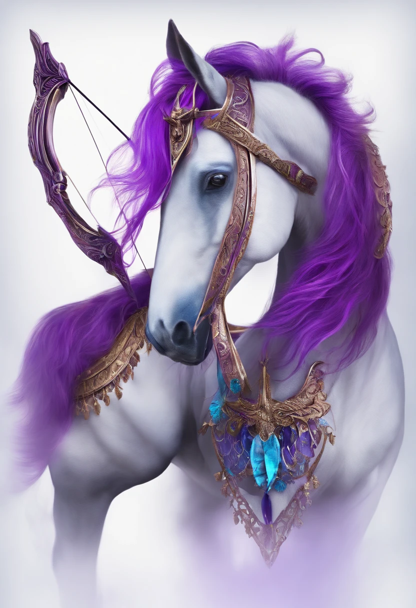 Horse with purple mane with horns on head with wings using bow and arrow