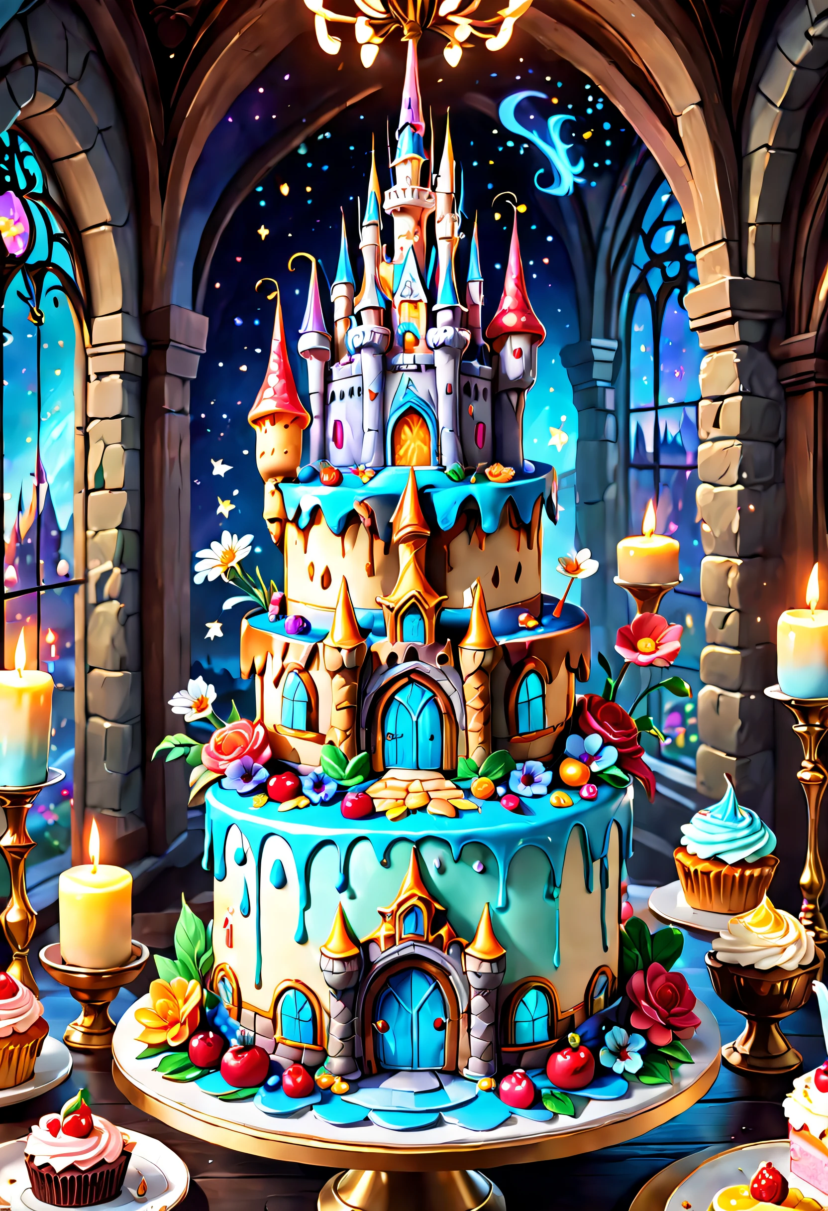 There is a large cake in the shape of a castle,There are a lot of different ingredients on it, A few colorful candles on the cake,There are exquisite sweets and chocolates nearby,Fine cream,detailed flowers,Vivid colors,Sharp focus,Ultra-detailed,A masterpiece of art,professional,rich deep color,Intricate details,Attractive lighting,astrophotography,framed,Centered,symetry,fantasy bakery, Fantasy art Behance, cake art, 3d magical details, Stylized 3 D, 4k highly detailed digital art, 3 d epic illustrations, 4 K detail fantasy, 3 d render stylized, 8K high quality detailed art, fairytale artwork, trend on behance 3 d art