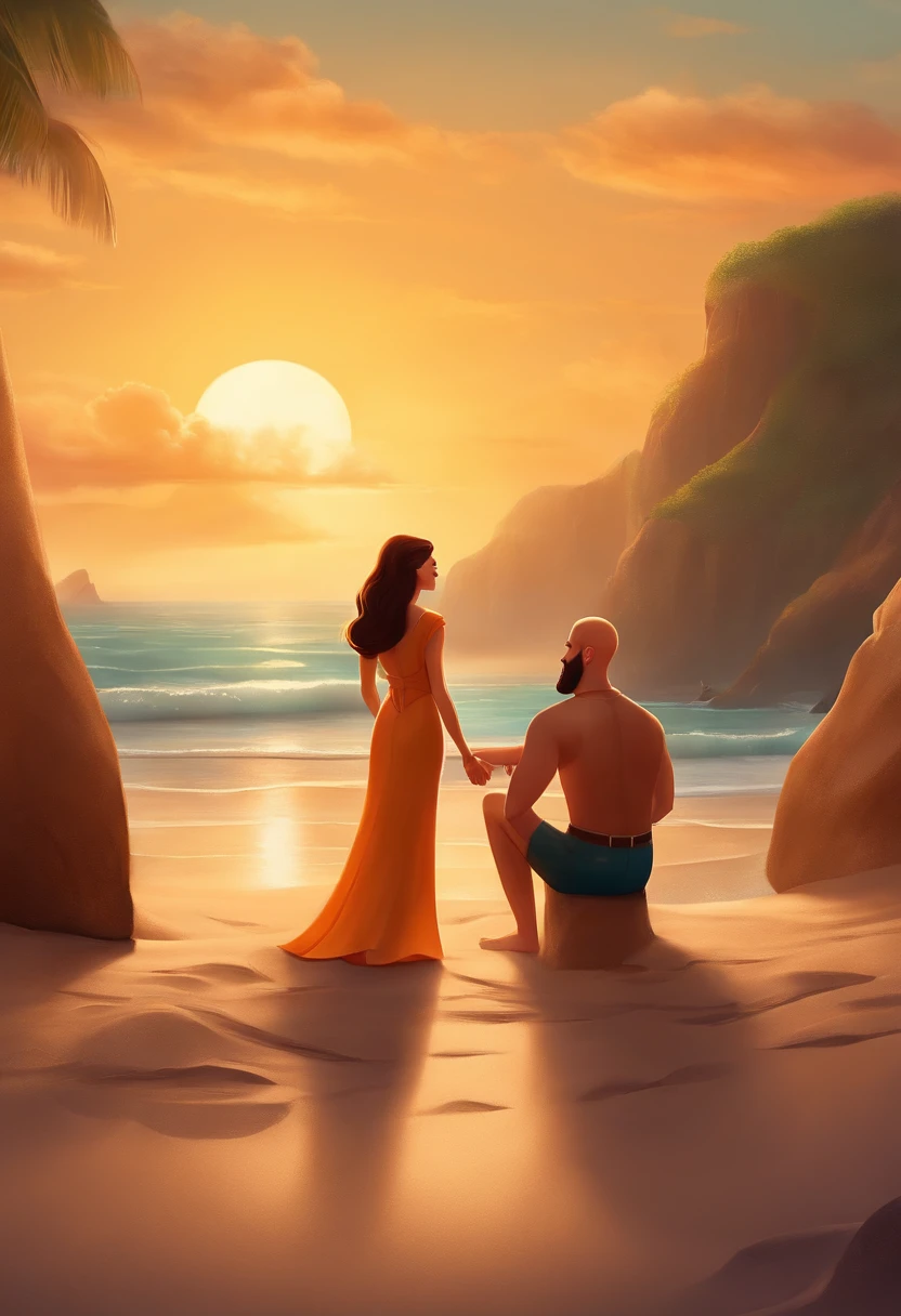 Um filme inspirado na Disney Pixar ( A couple on the beach at a concert... The blonde woman and the bald brunette man with the thin beard) dentro A cena estar na arte distinta do estilo PIXAR, descolada e estilosa