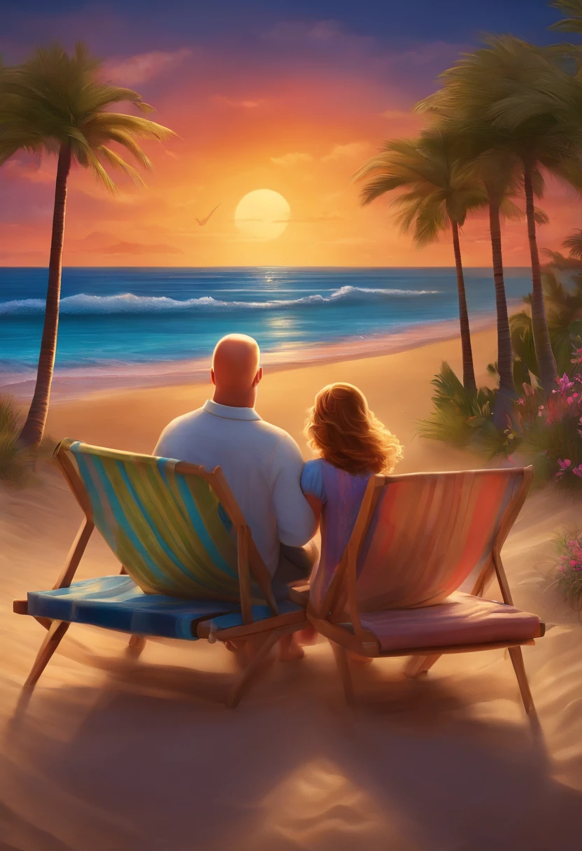 Um filme inspirado na Disney Pixar ( A couple on the beach at a concert... The blonde woman and the bald brunette man with the thin beard) dentro A cena estar na arte distinta do estilo PIXAR, descolada e estilosa