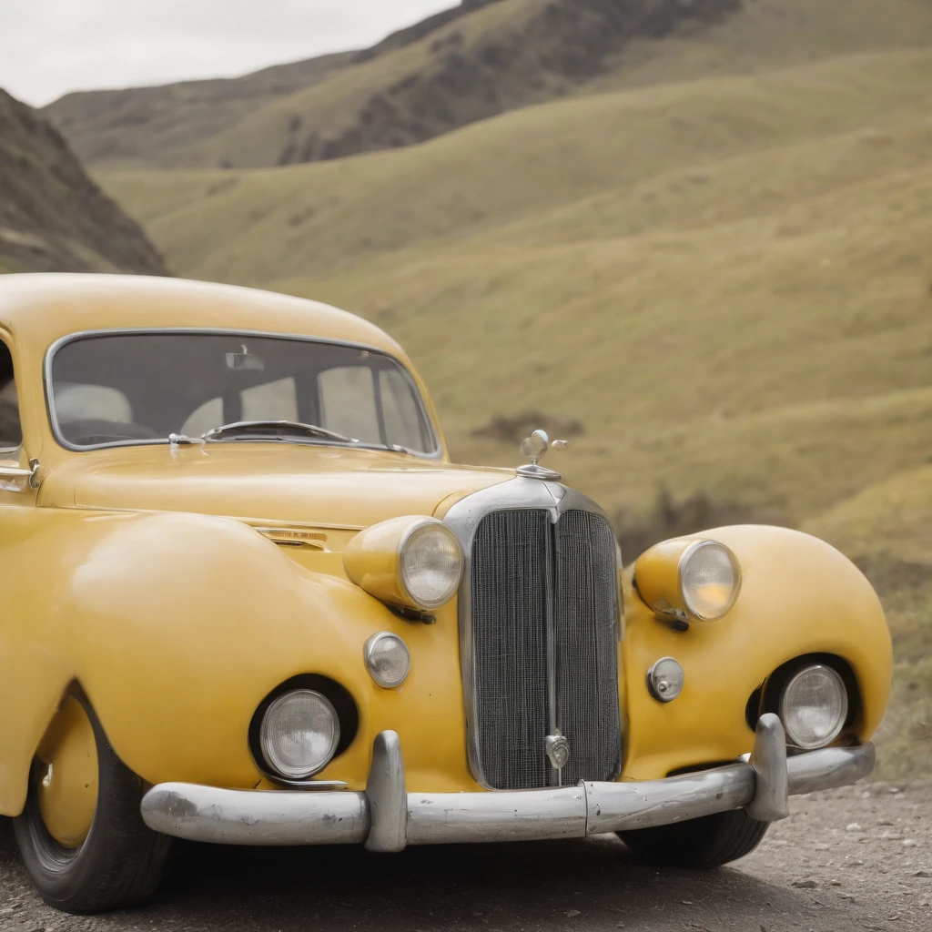 Make a realistic, yellow car with 4 tires, 2 windows, a classic model and in perfect condition, with a suitcase tied on top of the car and sticking out of the suitcase, hamburger, sushi and pasta. ultra resolution photo.