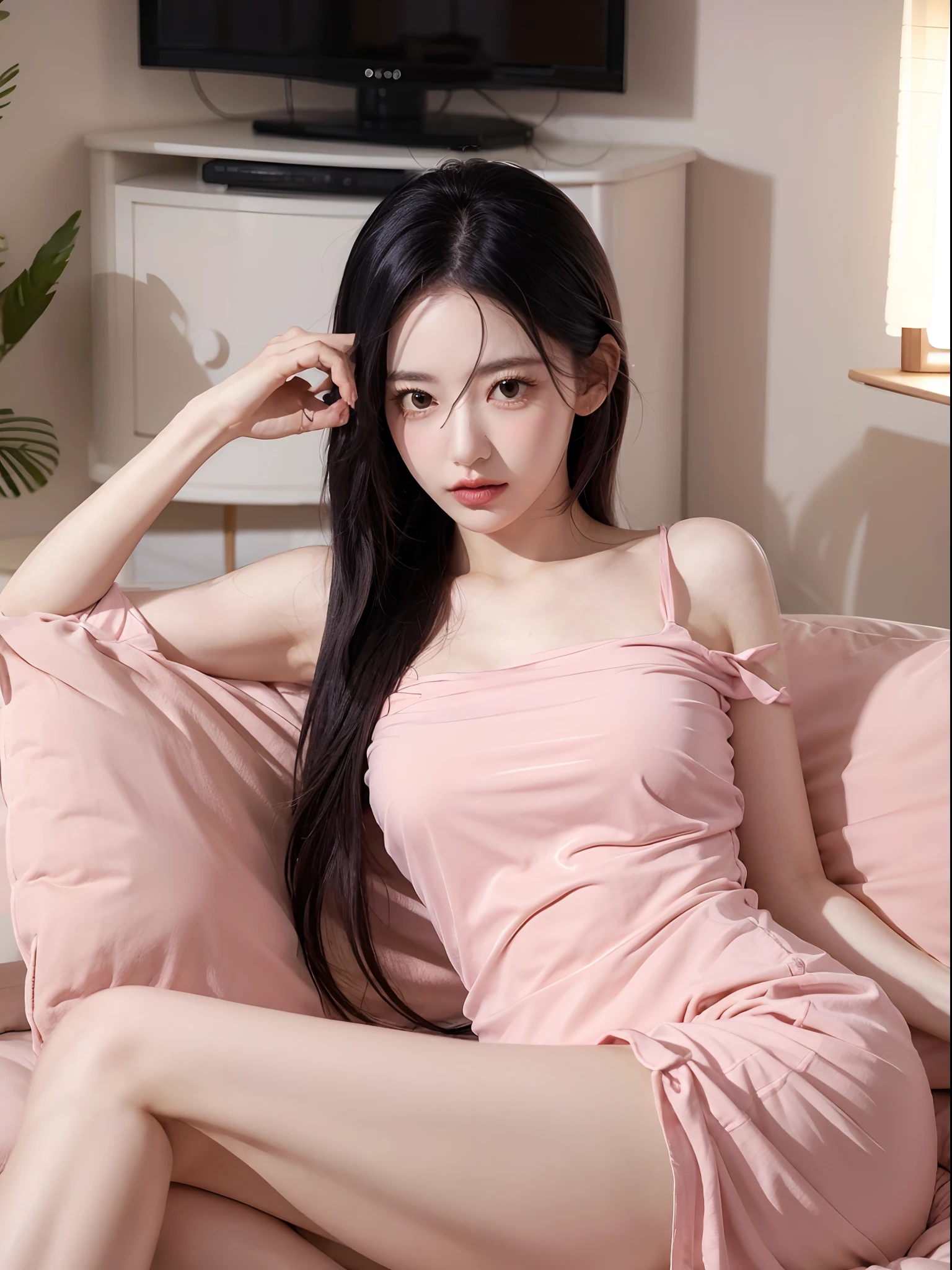 Woman relaxing in room while watching TV Erotic loungewear