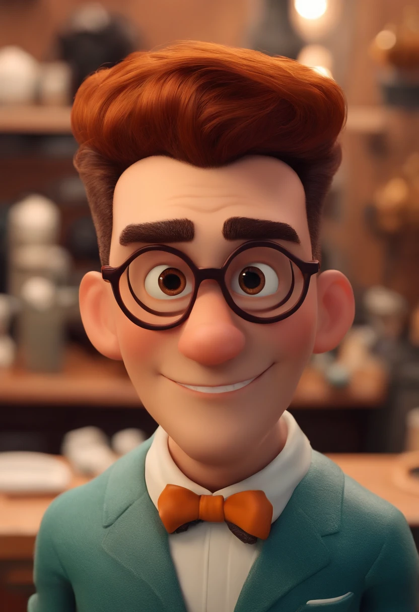 A Dream Barber Inspired by Pixar Animation, de perto. The character takes center stage with captivating facial expressions, oferecendo um toque de irrealidade, Cabelo curto e gordinho gradiente