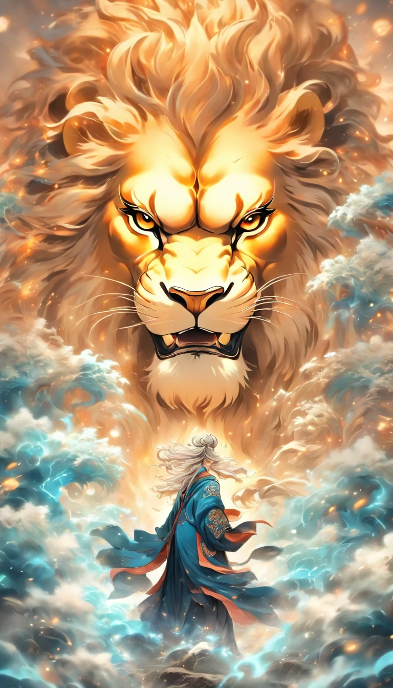 Porcelain style,中景 the scene is,The Taoist priest stood in front of a huge transparent lion,reaching out her hands,Long messy hair,glowing effect,Hyper-realistic,Ultra photo realsisim,Chinese black and white ink style,Plata,discoloration,dyeing,Inky,8K,super-fine,Altaquaridad,renderizador OC