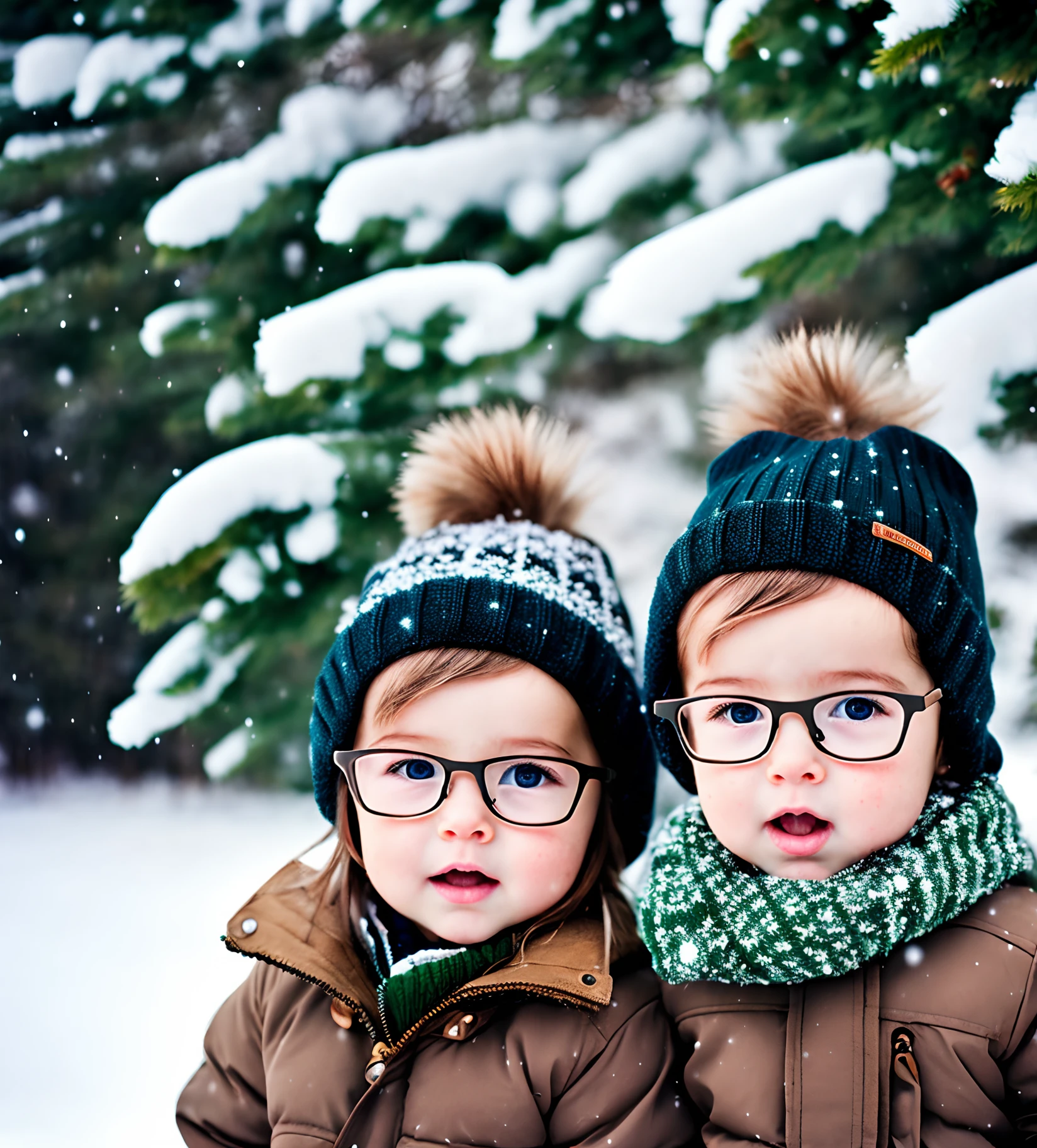 cute twin ddlers a caucasian boy with brown hair, green eyes, freckles and square glasses and a caucasian girl with brown hair, green eyes. dressed for winter. snowy landscape backdrop hyper realistic photography