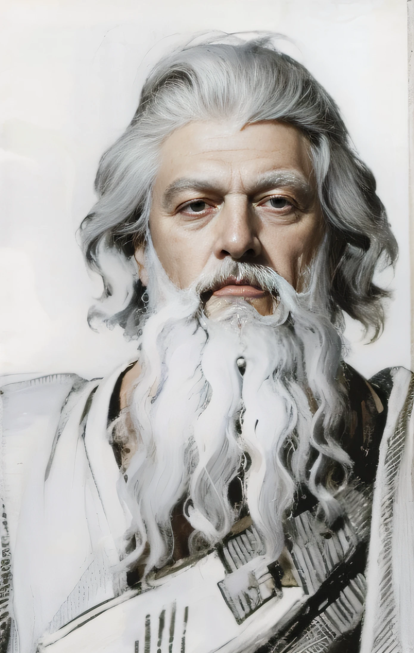 Drawing of a bearded man with a long white beard and a white beard, Long white hair is slightly curly, He has an old bearded male face, hermes trismegistus, Retrato Zeus, portrait of zeus, Theafra, author：Georges de Vincenzi, author：Antonio Cavallucci, portrait of hades, portrait of merlin, Portrait of Alan Moore, Kiss István and Leonardo da Vinci