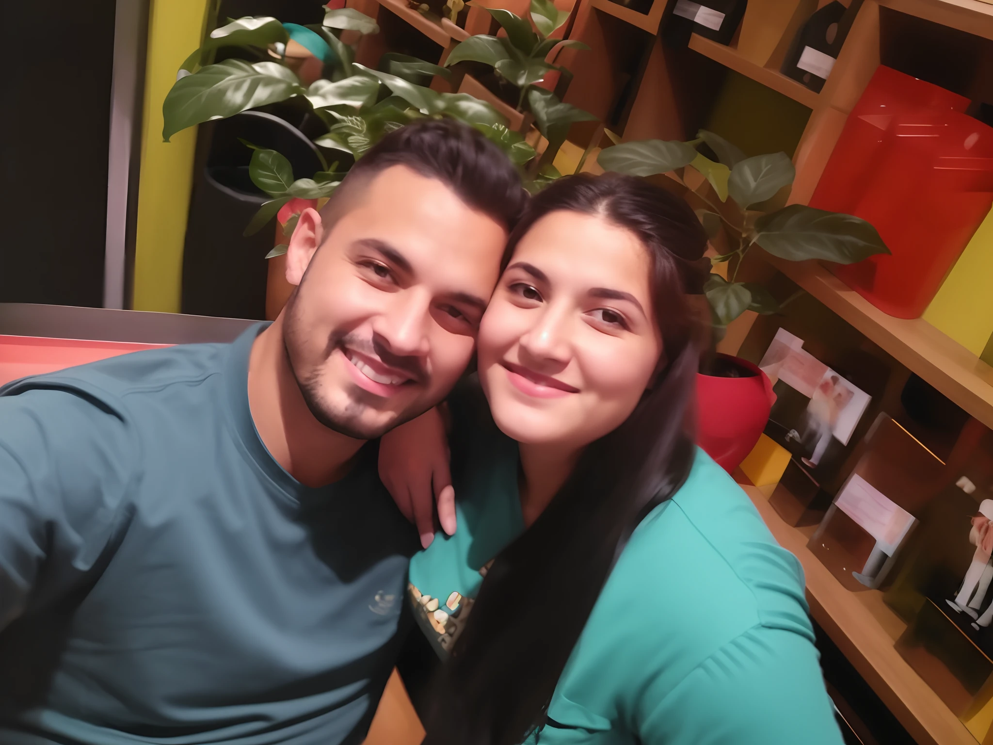 They are posing for a photo in a store with a plant, Lovely couple, Directed by: Nandor Soldier, Casal feliz, imagem de qualidade muito baixa, they are in love, 1614572159, imagem de perfil, 8k 50mm iso 10, tomada em 2 0 2 0