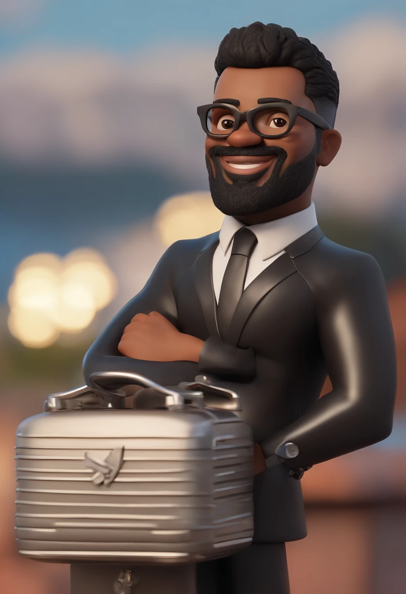 Cartoon character of a black man with black glasses and a black shirt, Full beard and 34 years old cartoon character, Caractere estilizado, animation style rendering, 3D estilizado, Arnold Maya render, 3 d render stylized, toon render keyshot, Personagem 3D, Personagem 3D, 3d rendering stylized, 3 d character render, personagem de desenho animado, Personagem de close up, Pose de personagem,  (Estilo Pixar) (master part:1.2) (Bokeh) (best quality) (pele detalhada) (textura detalhada) (8k) (argila) (Cinematic lighting) (foco nítido
