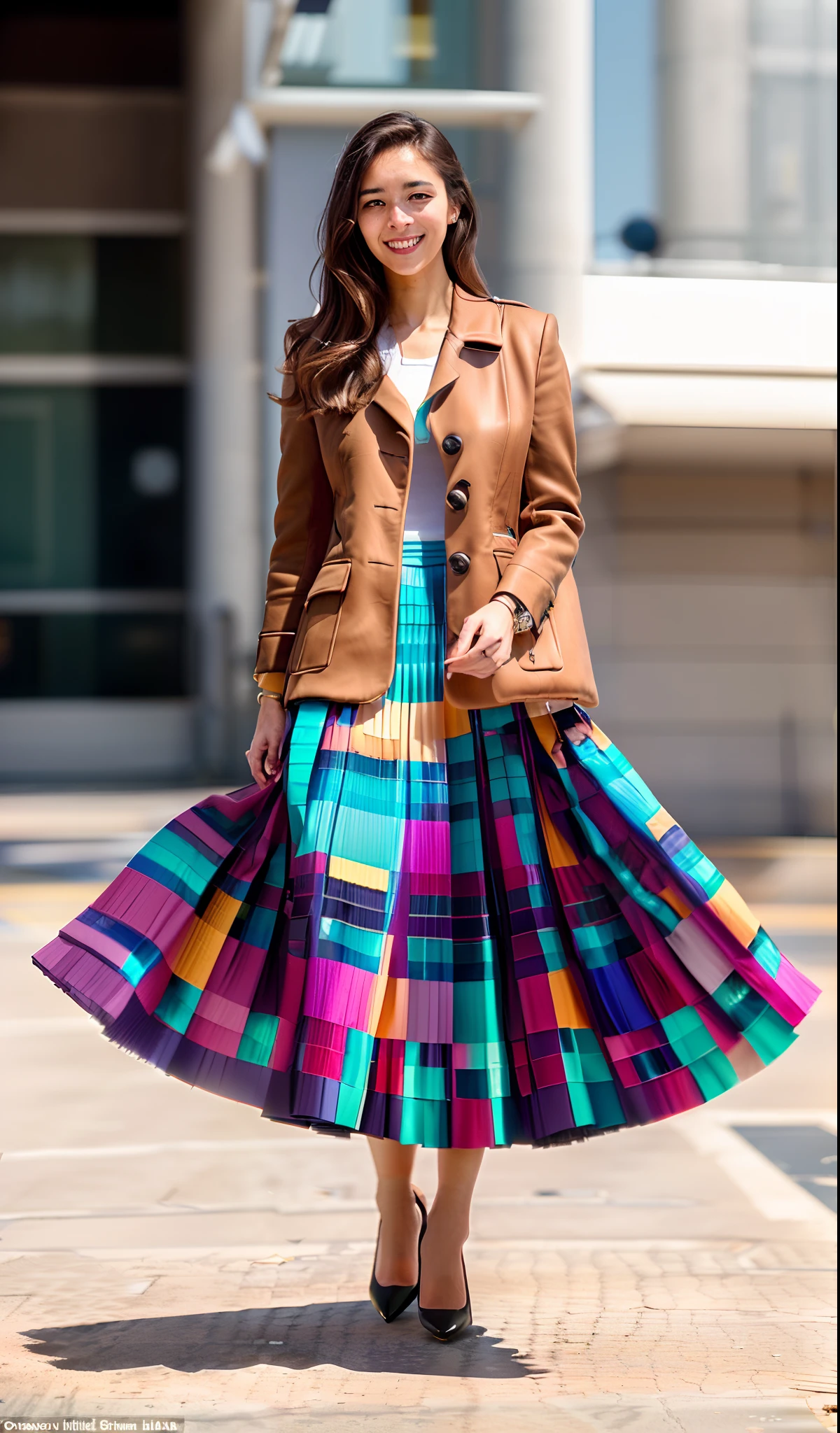 (shy:1,2) (smiling;1,1) woman playing with skirt, dancing, wearing short blazer and very very detailed (long (fully pleated) full circle skirt) and (simple) low heeled office shoes, very very intricate hyper-detailed symmetric (attractive graceful young feminine face) with (sad, tired eyes and a shy smile), large breasts, full of empathy and compassion and love, (pronounced (feminine) features), (highly detailed ultra accurate realistic) hands and fingers, (windy conditions and wind blowing), epic composition, highly detailed attributes, highly detailed space station background, (35mm f1.4 Kodak portra 400 photograph), extremely high quality RAW photograph,
