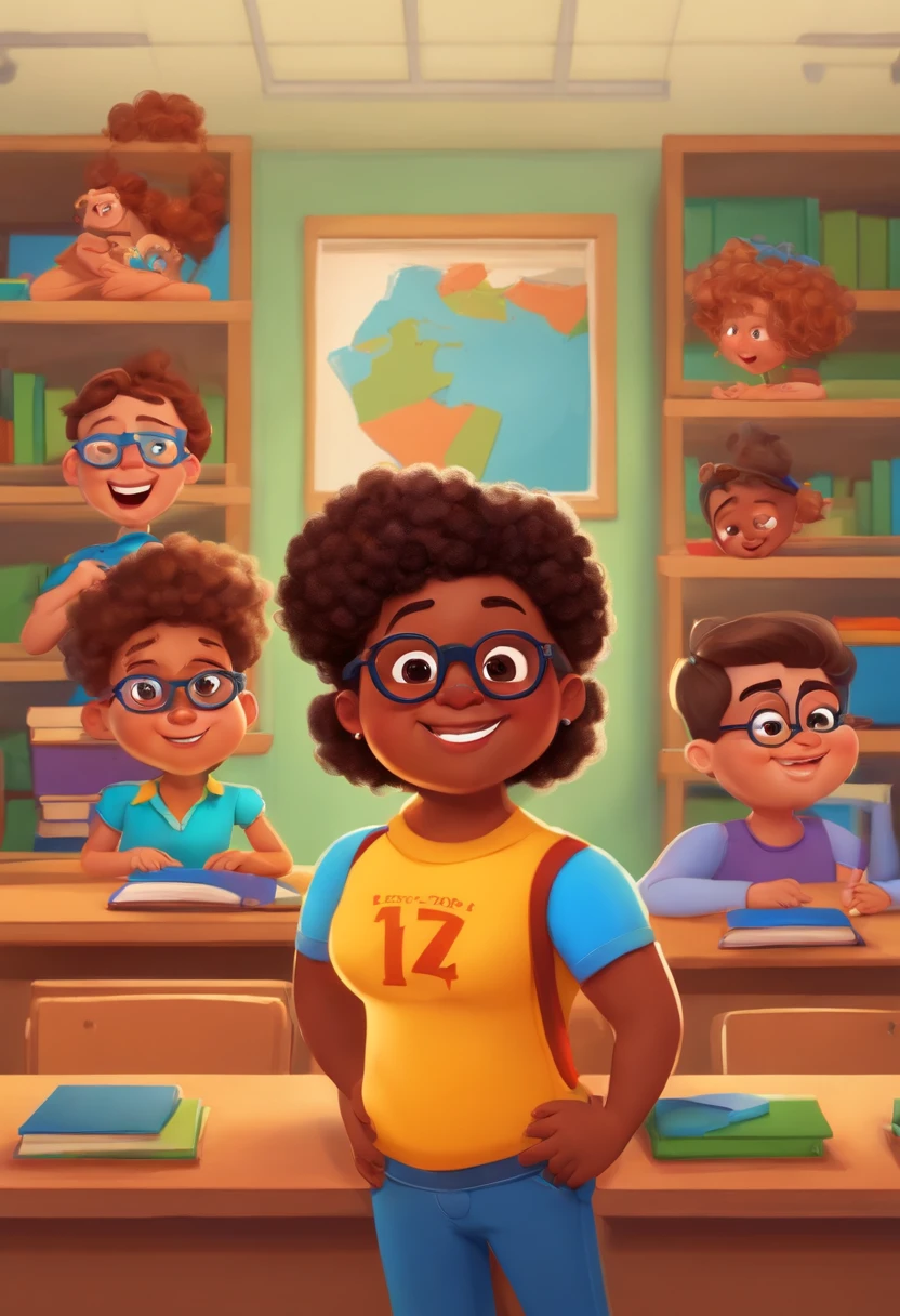 Chubby Math Teacher, branco, de vermelho, cabelo liso, square glasses, In a classroom with Pixar style kids