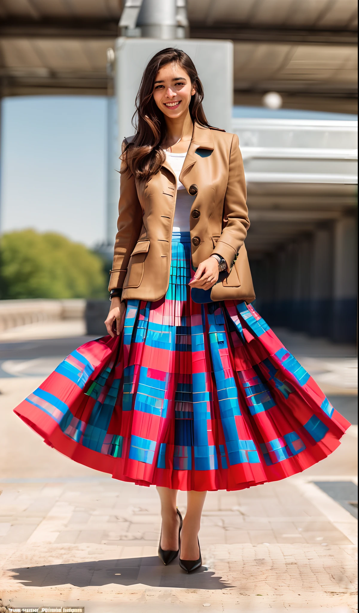 (shy:1,2) (smiling;1,1) woman playing with skirt, dancing, wearing short blazer and very very detailed (long (fully pleated) full circle skirt) and (simple) low heeled office shoes, very very intricate hyper-detailed symmetric (attractive graceful young feminine face) with (sad, tired eyes and a shy smile), large breasts, full of empathy and compassion and love, (pronounced (feminine) features), (highly detailed ultra accurate realistic) hands and fingers, (windy conditions and wind blowing), epic composition, highly detailed attributes, highly detailed space station background, (35mm f1.4 Kodak portra 400 photograph), extremely high quality RAW photograph,