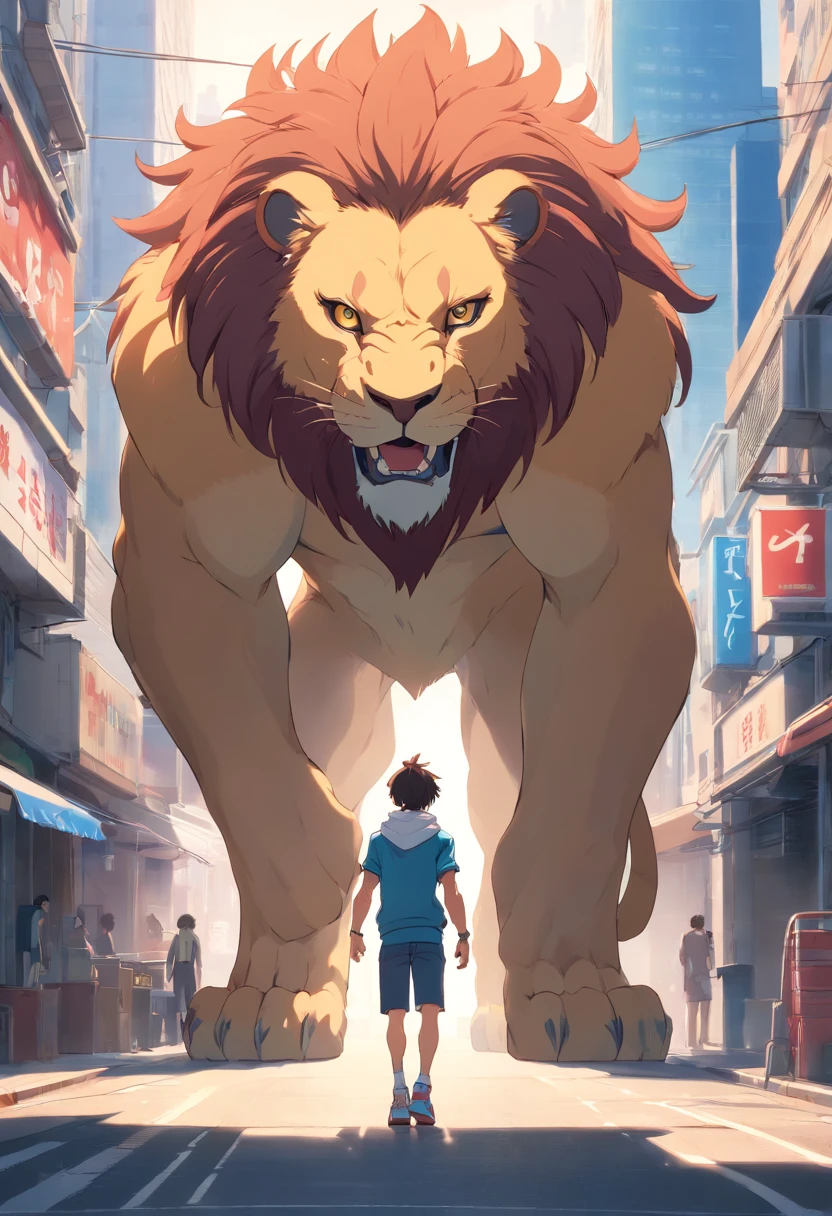 ((foto crua)), ((obra-prima)), Anthropomorphic humanoid lion bodybuilder wearing ((roupas street wear masculino)), andando entre as pessoas, detalhe intrincado, intricate Greebles pieces, 12k, city behind, muscular arms, rabo, small head, giant trapezoid, Ogro monstruoso, Titan, soft-lighting,
