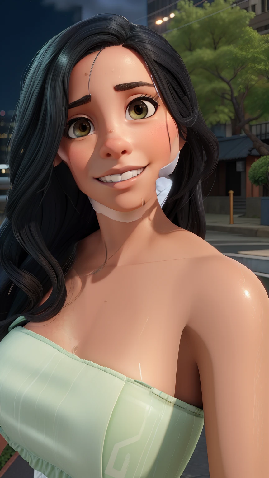 (Fotos RAW, best quality), (Realistic, fotorrealista: 1.2), (Rosto redondo: 1), 1 girl, selfie ao ar livre, (pele de alto detalhe: 1.2), (olhos inchados), (Bicho-da-seda mentiroso), sorrir, 鎖骨, air bang, cabelo preto castanho liso, Saia plissada preta pura, soft lighting, alta qualidade, Cityscape, Skyline, Noite, chuva, Wet, professional lighting, photon maping, radiosidade, rendering physically based,